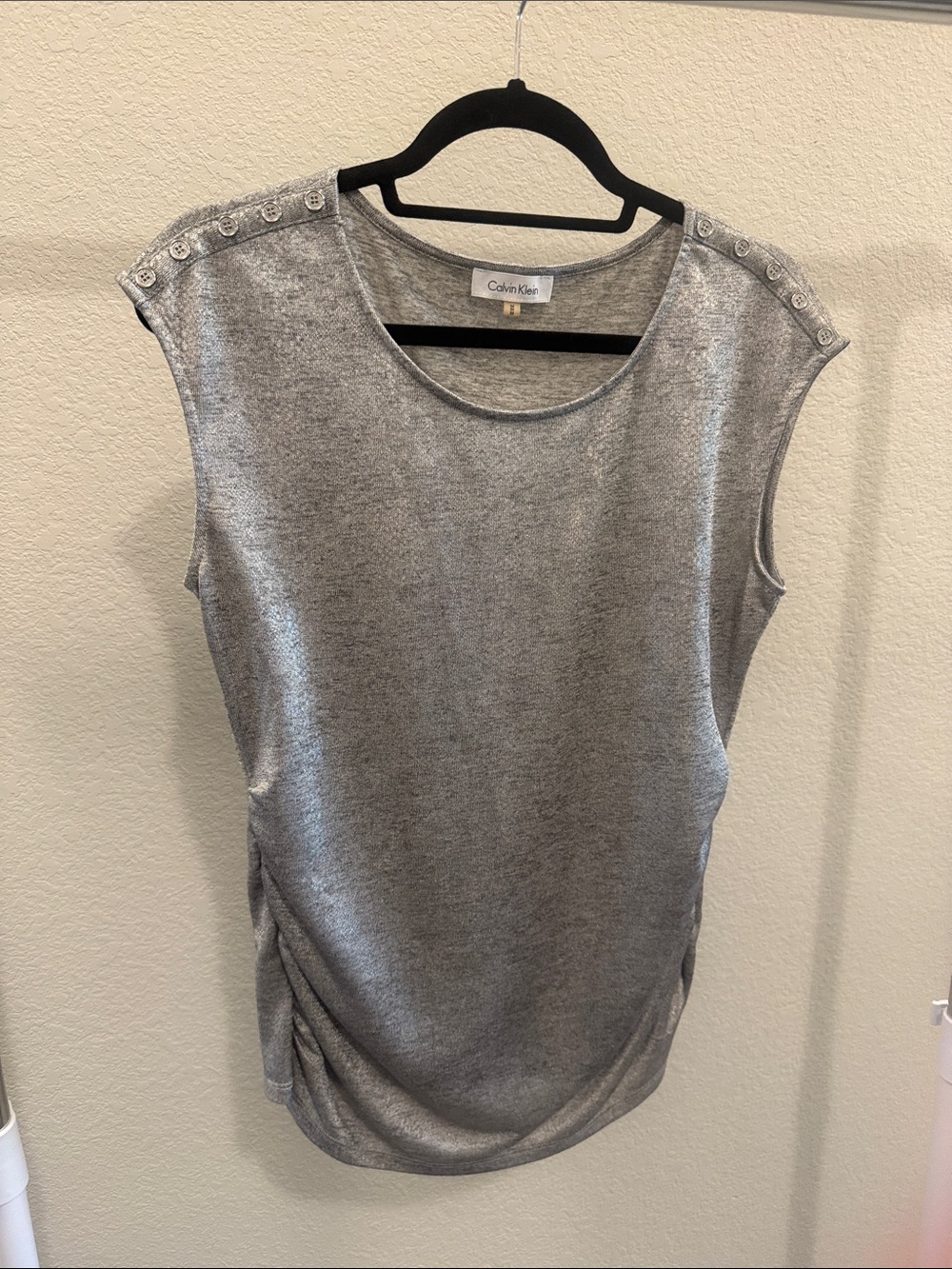 Calvin Klein Metallic Silver Cap-Sleeve Knit Tank